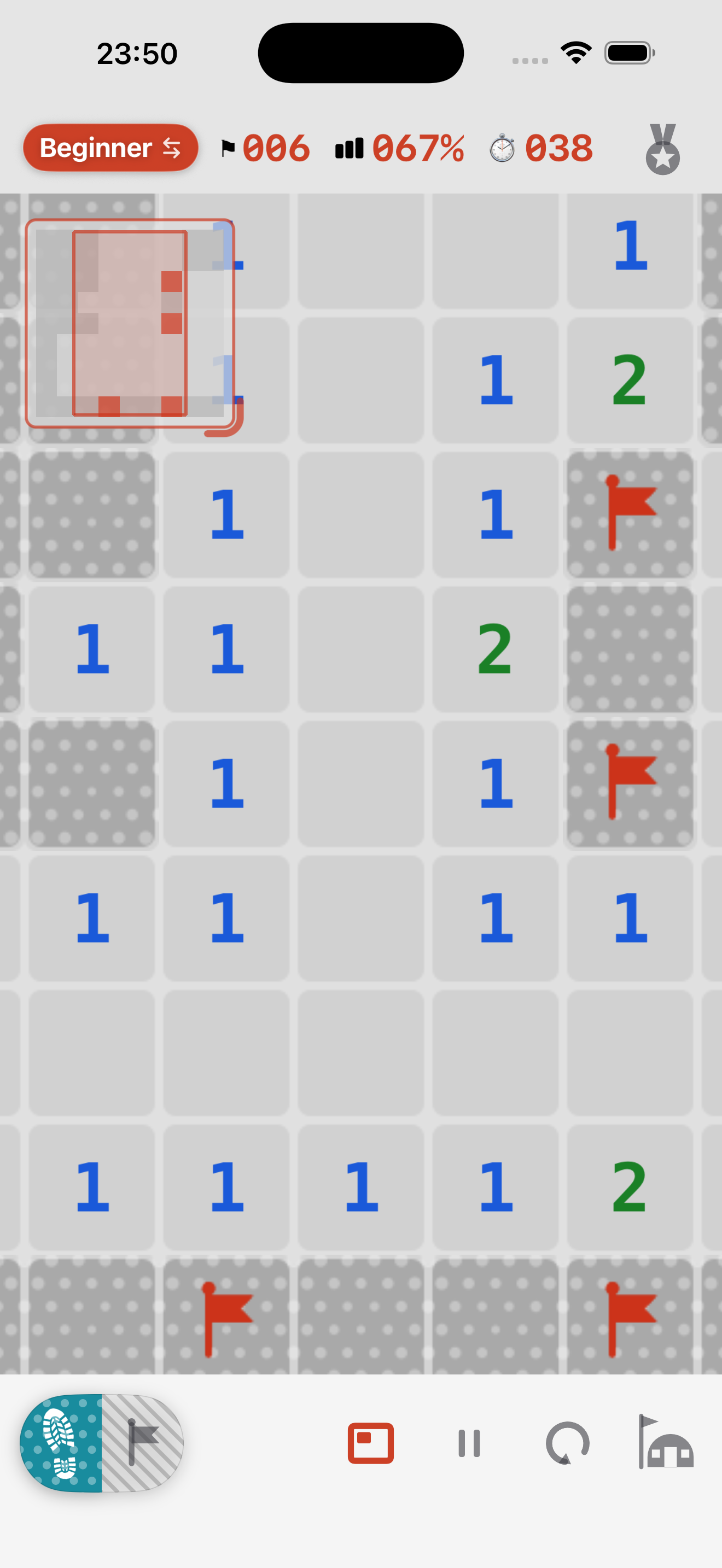 A game in progress: numbers, flags, and the mine counter up top.