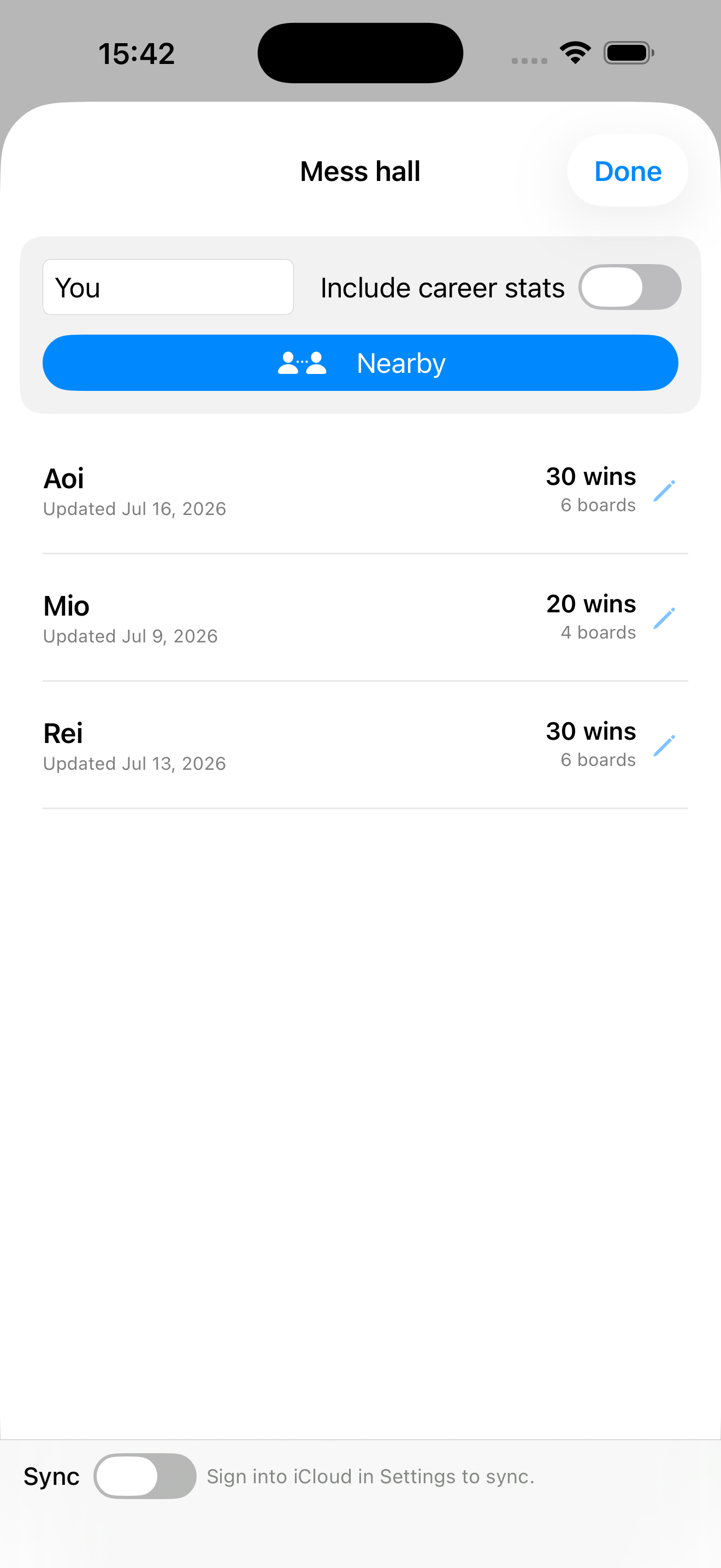 The Mess hall — swap score cards with Nearby, and compare head-to-head with rivals.