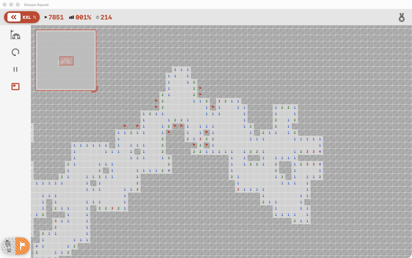 From a tap to a million cells — big boards pan and zoom with a corner minimap.